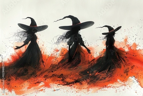 Fototapeta Halloween greeting card : Cute witch ,witch hat,witch's wand,witch castle, spider web , grave with copy space on white background