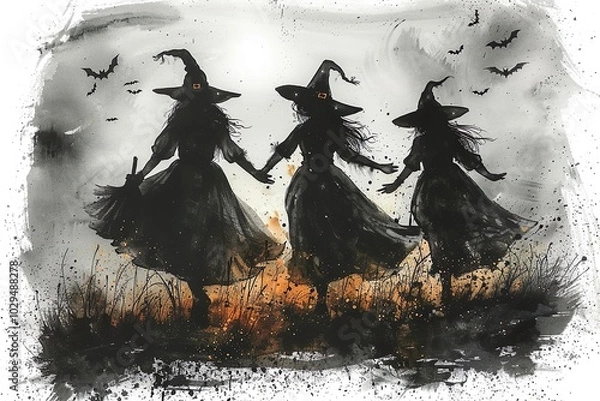 Fototapeta Halloween greeting card : Cute witch ,witch hat,witch's wand,witch castle, spider web , grave with copy space on white background