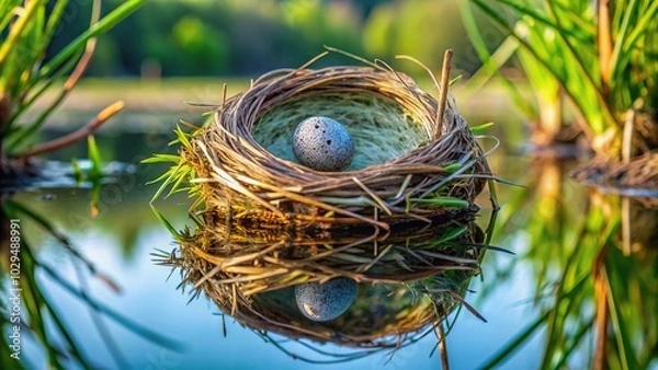 Obraz Reflected egg of common cuckoo in the nest of marsh warbler