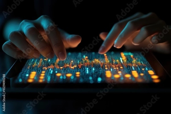 Fototapeta Hands interacting with a digital interface displaying data visualization.