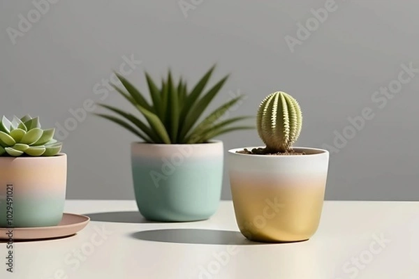 Fototapeta Three decorative pots containing various types of succulents arranged attractively on a surface.