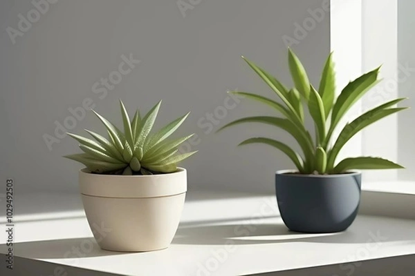 Obraz  A trio of pots filled with vibrant succulents, showcasing their unique shapes and colors.