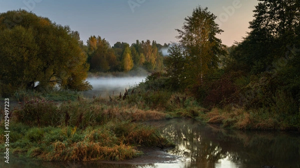Fototapeta marshy area with many ponds, lakes and lush coastal thickets in the pre-dawn hours with fog over the water. multi-plane autumn landscape in 16x9 format
