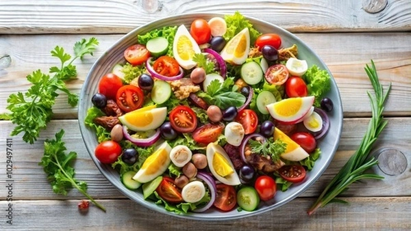 Obraz vivid and bold artistic presentation of Nicoise salad on light wooden surface aerial