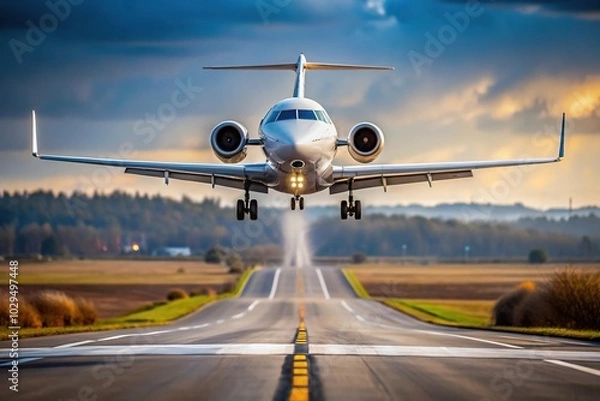 Obraz Private jet landing with landing gear released, high angle view