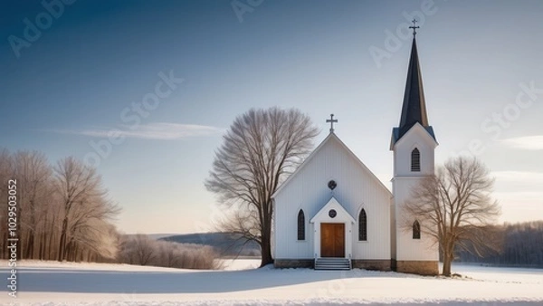 Obraz This winter rural landscape features a classic country church with a tall steeple, isolated in the quiet serenity of the snow-covered forest. The dark trees contrast with the bright white of the churc