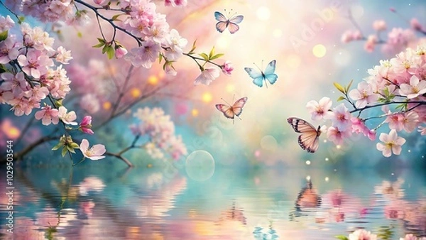 Obraz Reflected spring background with sakura flowers pink cherry blossom oil painting style pastel background with butterflies and flowers