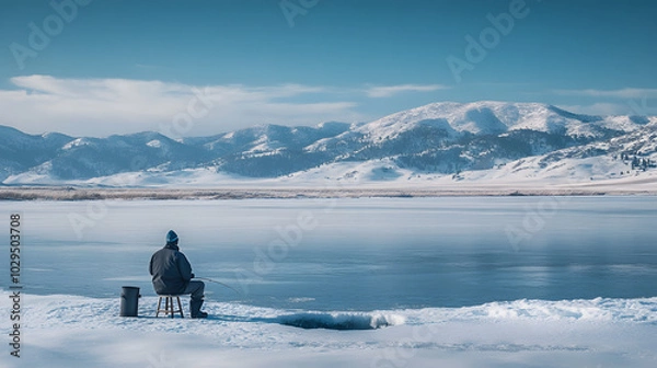 Obraz A lone ice fisherman sitting on a stool by a hole drilled into a frozen lake with snow-covered mountains in the distance.