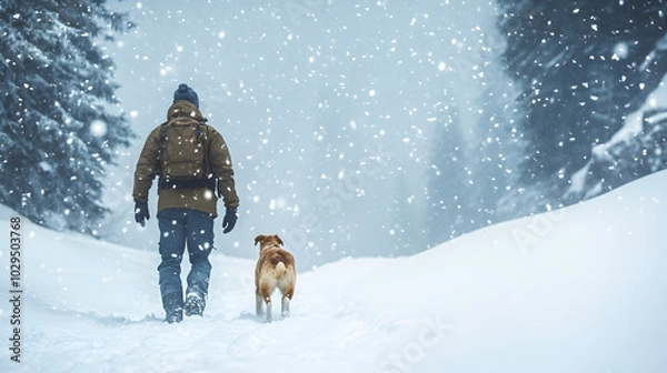 Obraz A man and his dog hiking through deep snow in a mountain pass both bundled in winter gear with snowflakes falling around them.