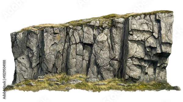 Fototapeta Large rocky cliff with cracks and patches of grass on the top on transparent background