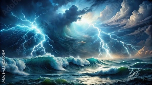 Obraz Reflected surreal ocean storm with swirling currents and lightning illuminating dark tumultuous waves capturing the raw power of nature