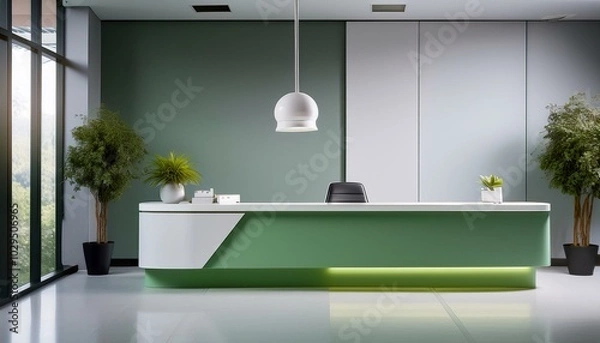 Fototapeta A grey and green reception desk in a modern doctor's office, with a stylish pendant light ha