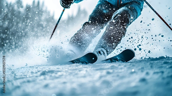 Obraz A skier expertly weaving through a mogul field during a race their knees absorbing the bumps as snow flies in every direction.