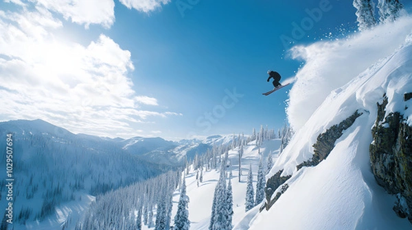 Obraz A skier hitting a massive air off a natural cliff in the backcountry with the snow-covered mountains and bright blue sky in the background.