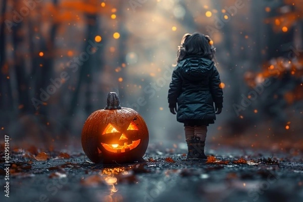 Obraz Halloween night little girl in the forest, scary pumpkins.