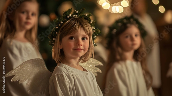 Obraz A small group of children dressed as angels and shepherds rehearsing for a Christmas Eve nativity play inside a beautifully decorated church.