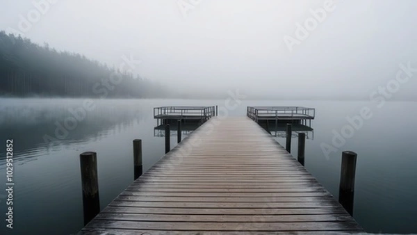 Fototapeta A lone pier reaches into the fog-covered lake, creating a serene and mysterious atmosphere. The dense fog blurs the boundaries between the water and sky, evoking a sense of stillness and calm