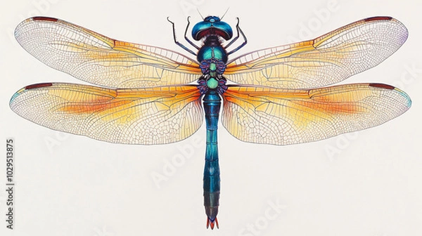 Fototapeta Detailed Illustration of a Dragonfly with Spread Wings and Colorful Body
