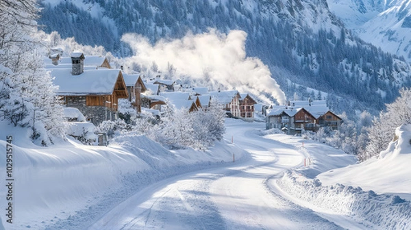 Obraz A snow-covered road winding through a mountain village with ski tracks visible on the roadside and smoke rising from chimneys.