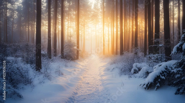 Obraz A snow-dusted forest path with a gentle mist rising from the ground at sunrise.