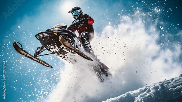 Obraz A snowmobile rider launching off a snow ramp during a race catching air with snow spraying up behind them.