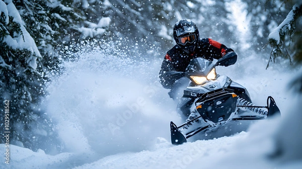 Obraz A snowmobile rider speeding through a snow-covered forest trail kicking up snow as they navigate the tight turns.