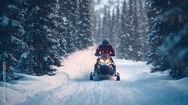 Obraz A snowmobile rider speeding through a snow-covered forest trail kicking up snow as they navigate the tight turns.