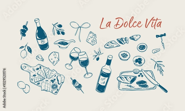 Fototapeta La Dolce Vita picnic set. Hand drawn minimalist art. Girly summer outdoor party. Charcuterie board, cheese platte, vine bottle and wineglass. Italy food. Vector illustration