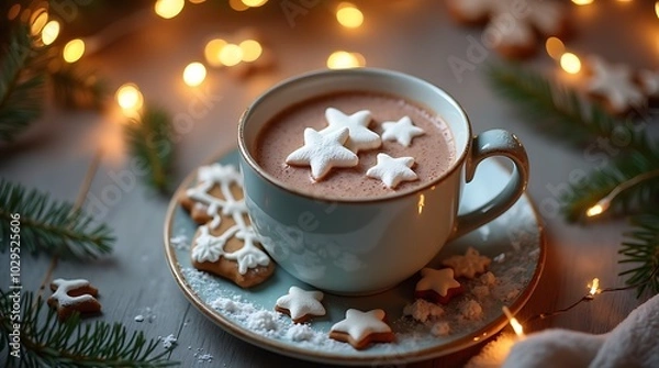 Fototapeta Festive Hot Chocolate with Star and Snowflake Marshmallows – Cozy Christmas & Winter Holiday Delight with Copy Space