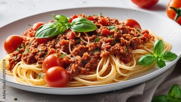 Obraz Spaghetti bolognese with cherry tomatoes and basil.