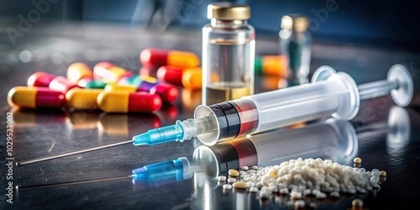 Fototapeta Panoramic view of opioids drug addiction epidemic with syringe and drug paraphernalia