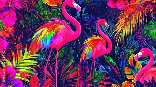 Fototapeta   A flock of pink flamingos perched amidst swaying palm trees and lush vegetation against a backdrop of cerulean skies
