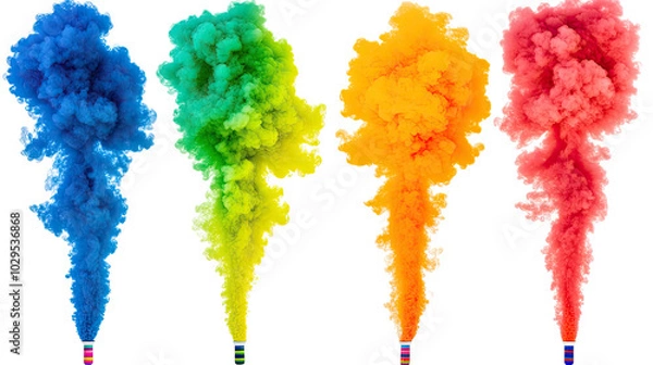 Fototapeta Colorful Smoke Bombs Create Vibrant Clouds on White Generative AI