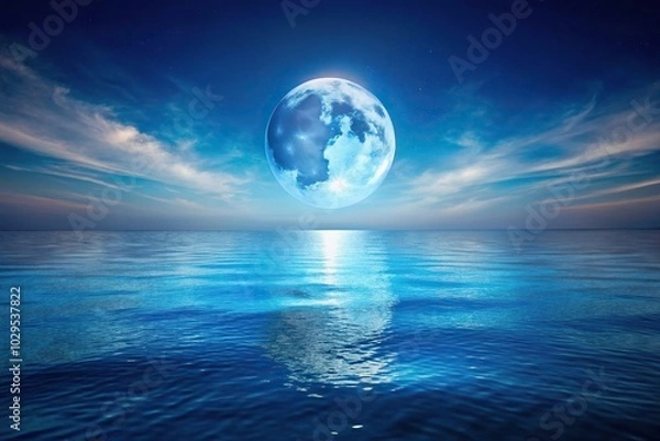 Fototapeta Panoramic view of the blue moon over calm ocean
