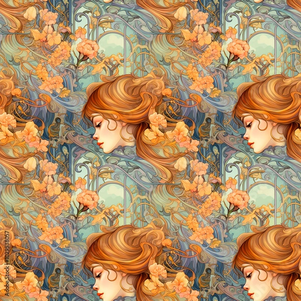 Fototapeta Art Nouveau motifs, watercolor and ink, ambient light, Mucha style, elegant mood. Seamless pattern, background.