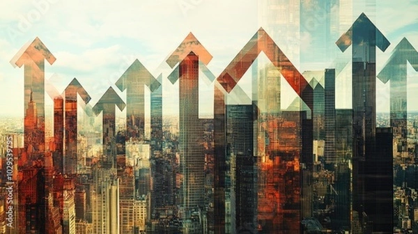 Obraz Cityscape photo with buildings shaped like economic arrows going up and down.