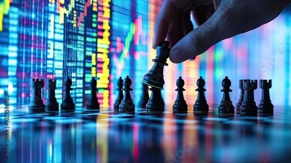 Obraz Image of hands laying down a chessboard made of stock market graphs, marketing strategies and decisions in volatile stock market.