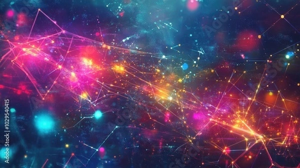 Fototapeta Abstract illustration of geometric shapes and structures in bright neon colors and cyber lights on a dark background.