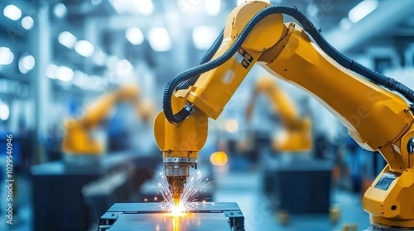 Obraz Photo of Generative AI image of industrial robot welding in a factory.