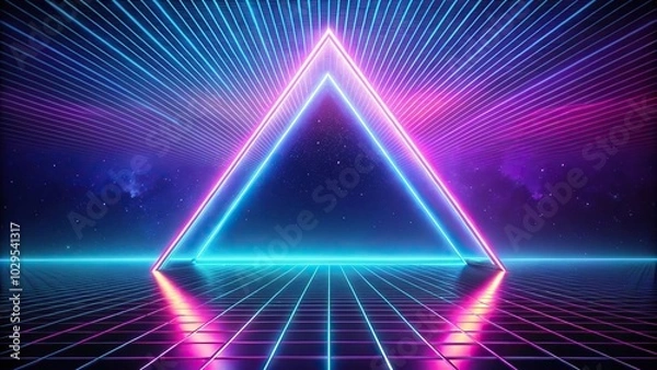 Obraz Retro futuristic triangular neon frame on lake synthwave style background forced perspective