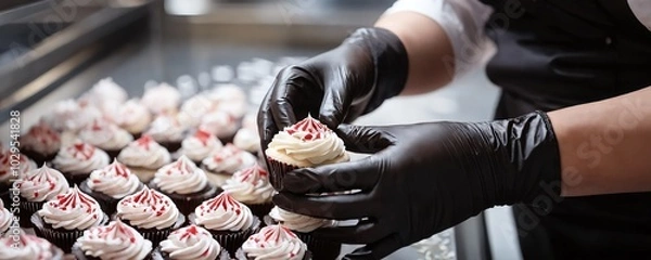 Fototapeta A baker decorates chocolate cupcakes with swirls of frosting and red sprinkles in a bright kitchen during a busy afternoon