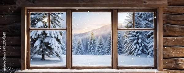 Fototapeta A cozy winter view of snow-covered trees and mountains from a rustic cabin window on a serene morning
