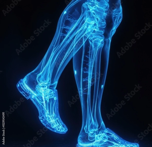 Fototapeta X-ray image showing the detailed structure of a human skeleton with vibrant blue and orange tones highlighting bone anatomy