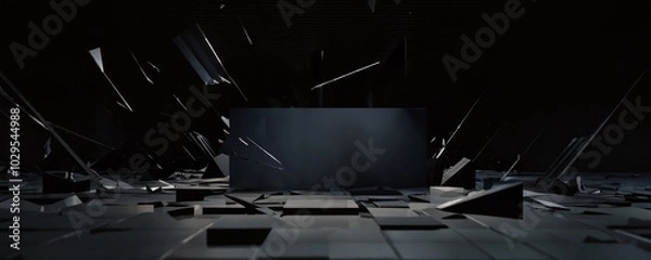 Fototapeta Dynamic abstract composition with fragmented shapes in a dark setting creating an immersive visual experience, emphasizing depth and movement