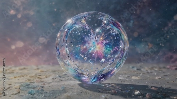 Fototapeta Transparent glass sphere on the snow. 3d render