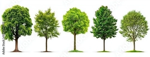 Fototapeta A collection of green trees isolated on a white background.