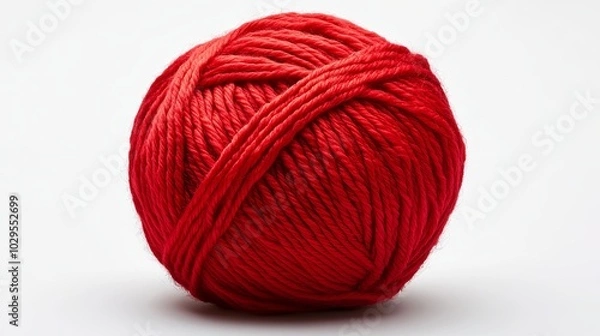 Fototapeta A bright red ball of woolen yarn is shown against a plain white background. The yarn is twisted and the picture is clear. The red color is vibrant.