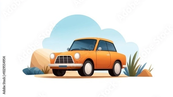 Obraz An orange vintage car is parked in a stylized desert scene, featuring rocks and plants with a blue sky in the background. The illustration exudes a retro charm.