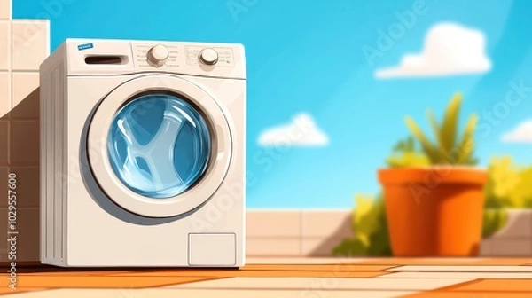 Fototapeta A sleek, energy-efficient washing machine sits on a picturesque open-air terrace, blending modern design and technology within a serene, natural setting.