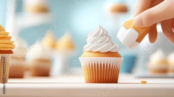 Fototapeta A close-up shot capturing the precision of a hand adding final touches to a cupcake, highlighting craftsmanship and detail-oriented dedication in baking.